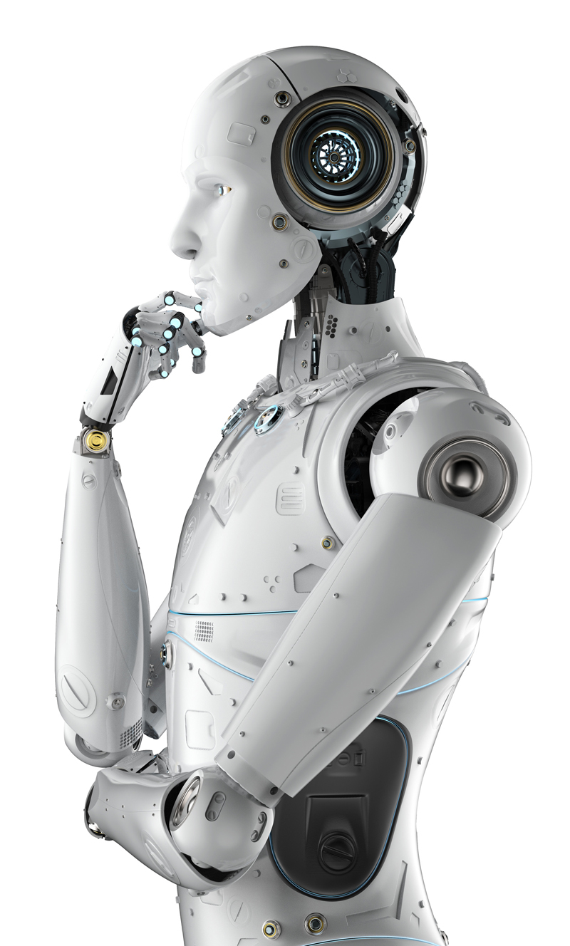 Humanoid robot thinking on the future of AI and his role in the society